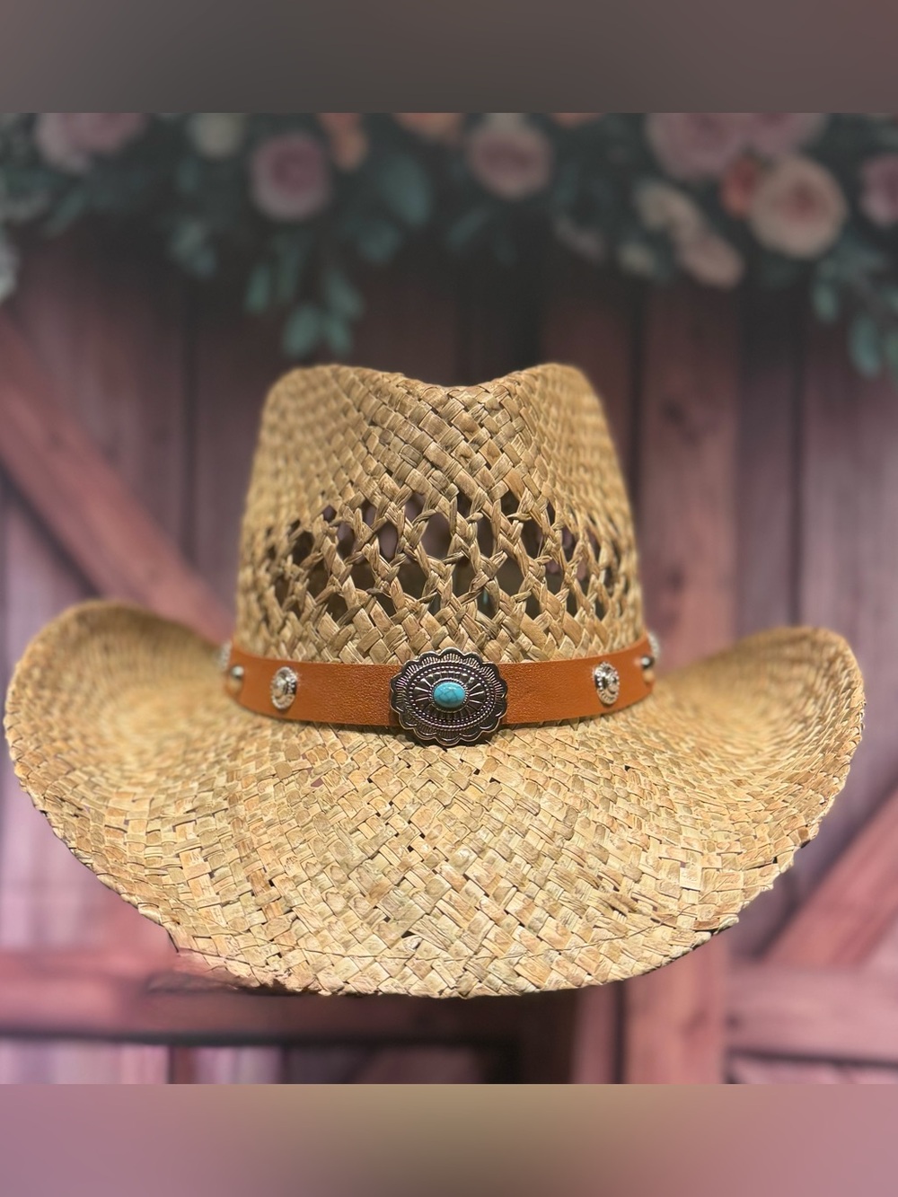 Straw Cowboy Hat with Turquoise Concho